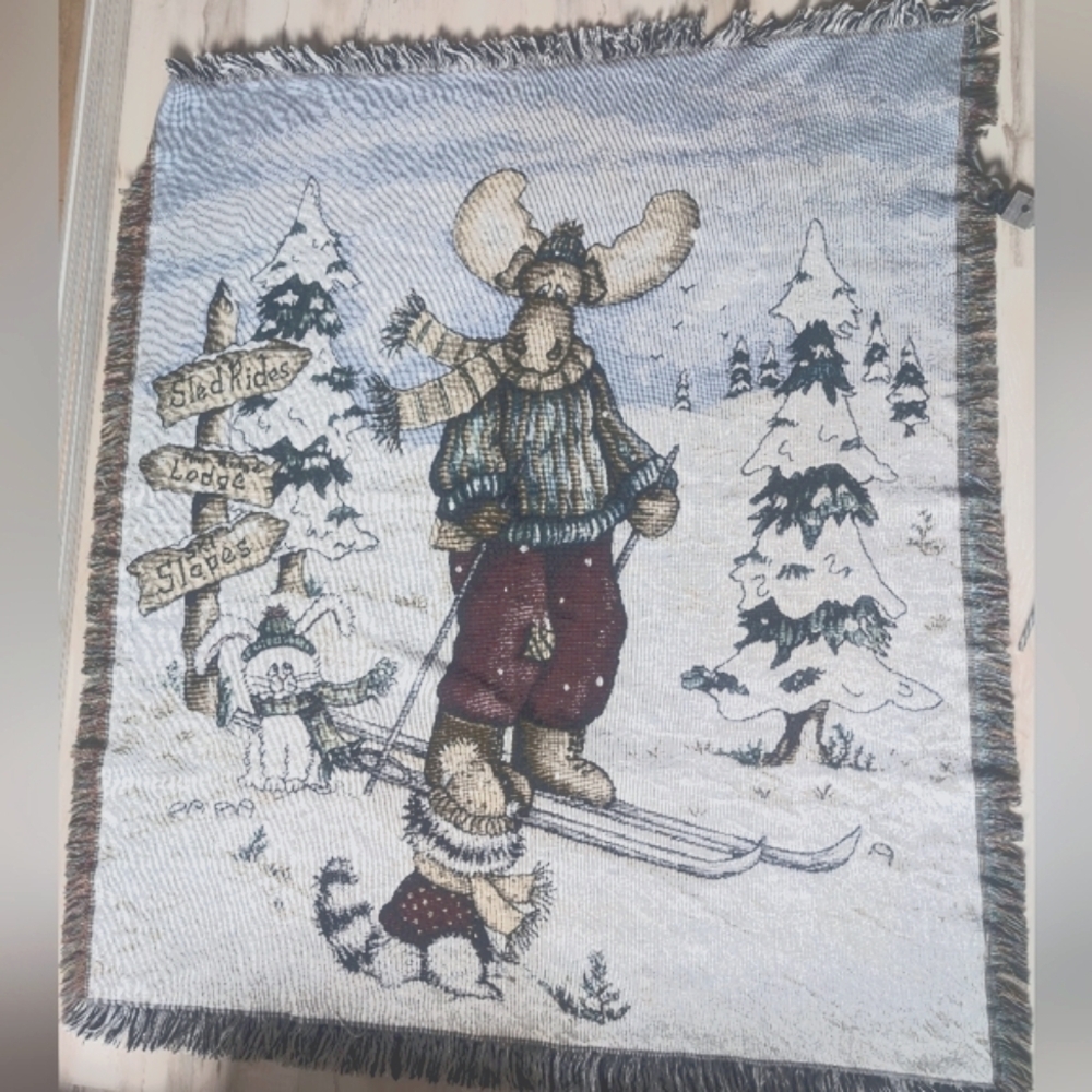 Winter Moose Skiing Tapestry Blanket